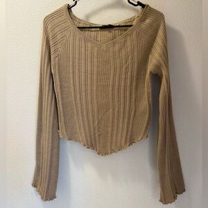 Beige Ribbed Long Sleeve Top